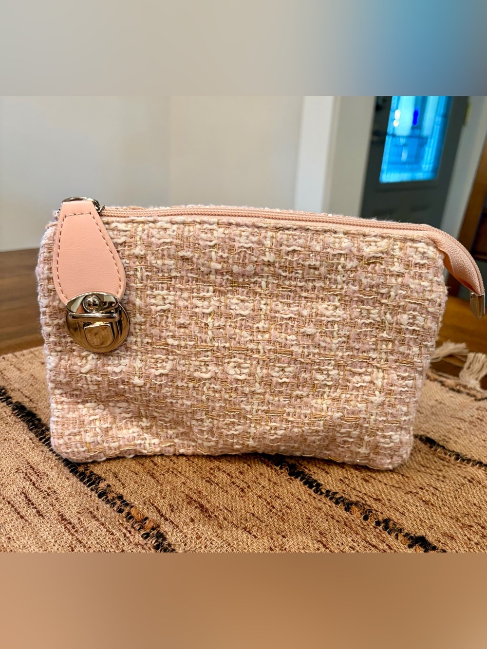 Soft Pink Tweed Wristlet Clutch with Leather Trim